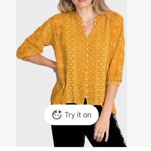 Johnny Was Ciaga Pheobe Yellow Embroidered Blouse Top. Women XS